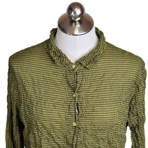 Cut Loose Womens Crinkle Collared Button Up Shirt Size Small Green Gingham Check - Picture 2 of 9